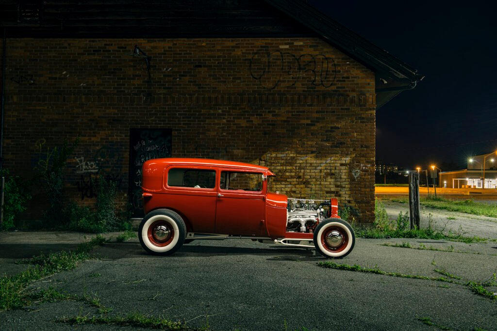Side profile of a custom 1928 Ford Model A hot rod