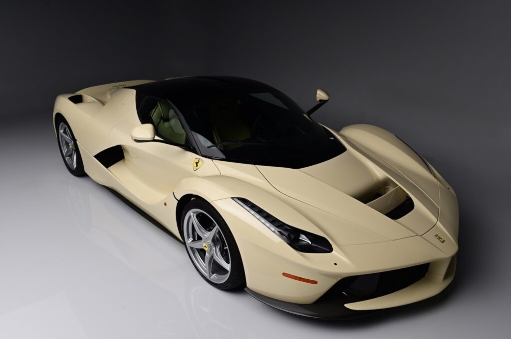 Front three-quarter view of cream Ferrari LaFerrari.