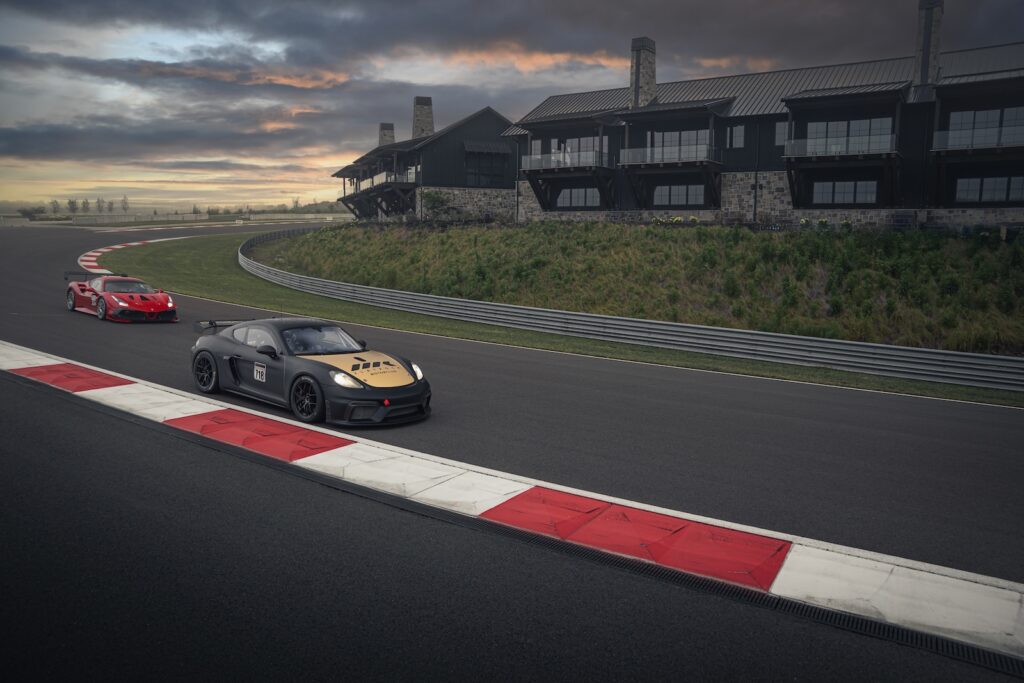 Panoramic aerial view of private motorsport circuit set in Tennessee countryside