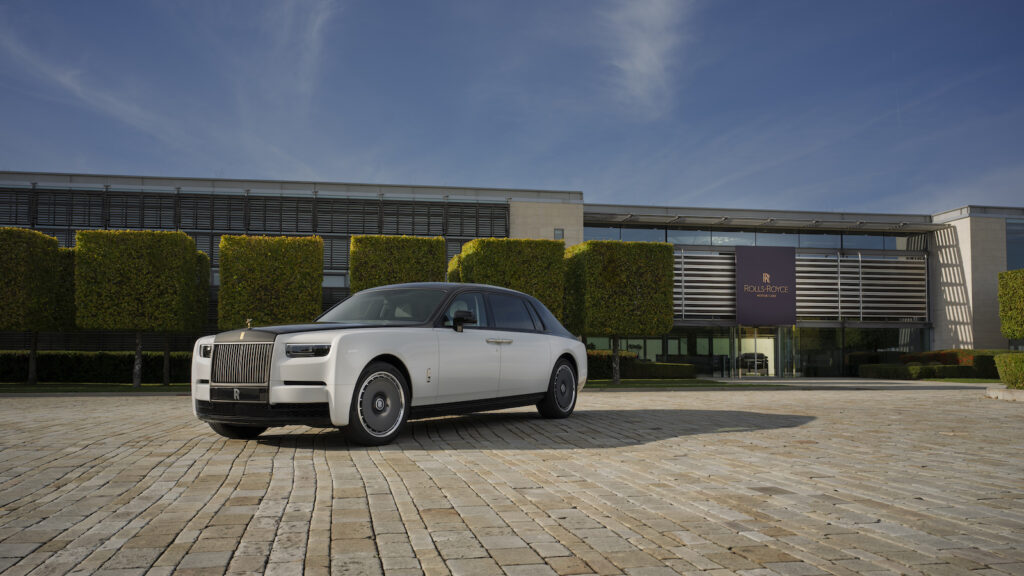 Rolls-Royce Phantom Centenary three-quarter view outside headquarters