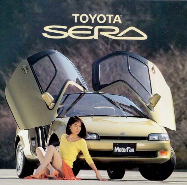 Toyota Sera vintage advertisement with butterfly doors open