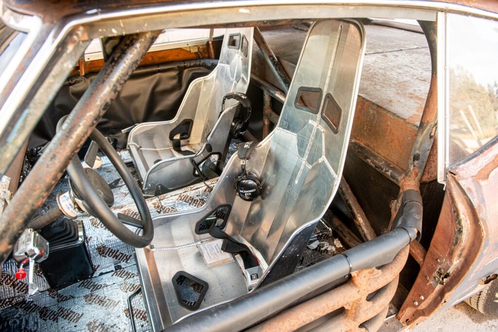 Aluminum racing seats and roll cage inside road-legal 1968 Chevrolet Chevelle project