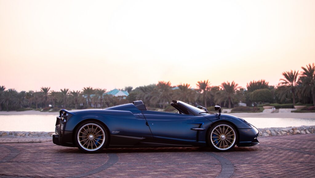 Pagani Huayra Roadster side view at sunset