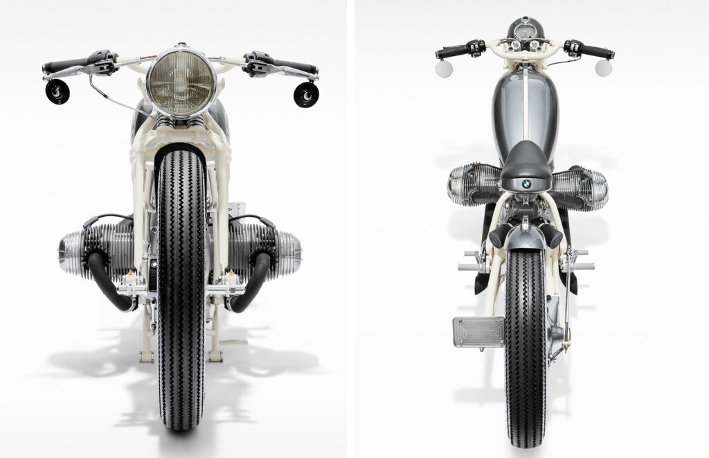 Front and rear studio elevations of the custom BMW R75/5 motorcycle