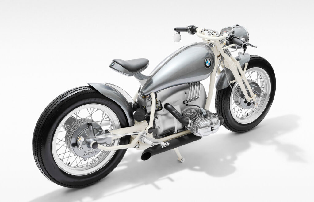 Rear three-quarter studio view of the custom BMW R75/5 motorcycle.