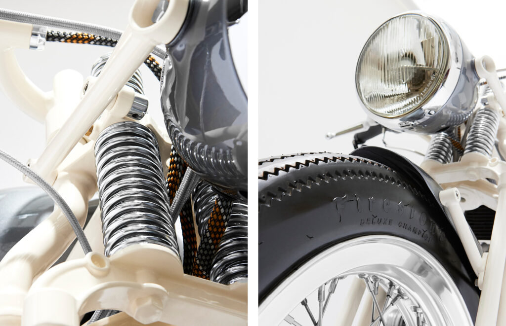 Close-up of front suspension springs and Firestone tire on the custom BMW R75/5