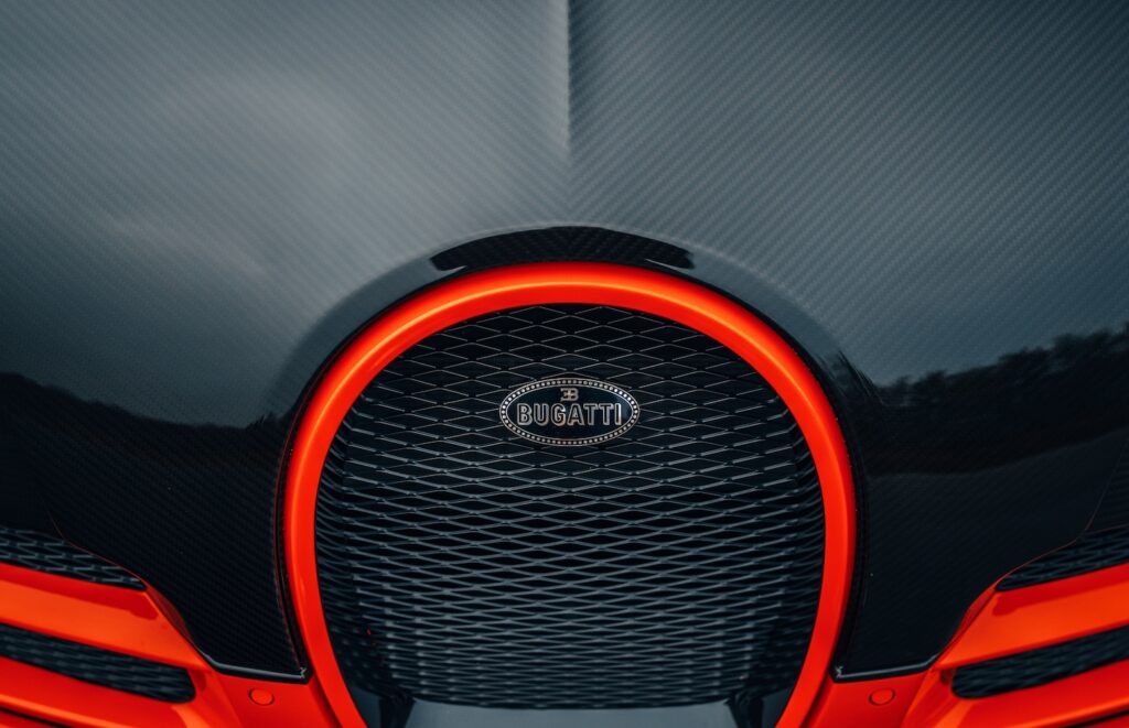 Bugatti Chiron horseshoe grille close-up with orange accent trim