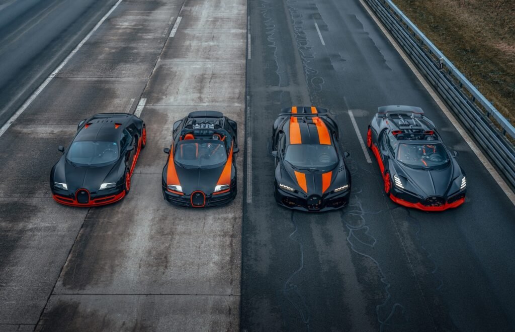 Bugatti record-breaking hypercars including Bugatti W16 Mistral aerial view at Papenburg test track