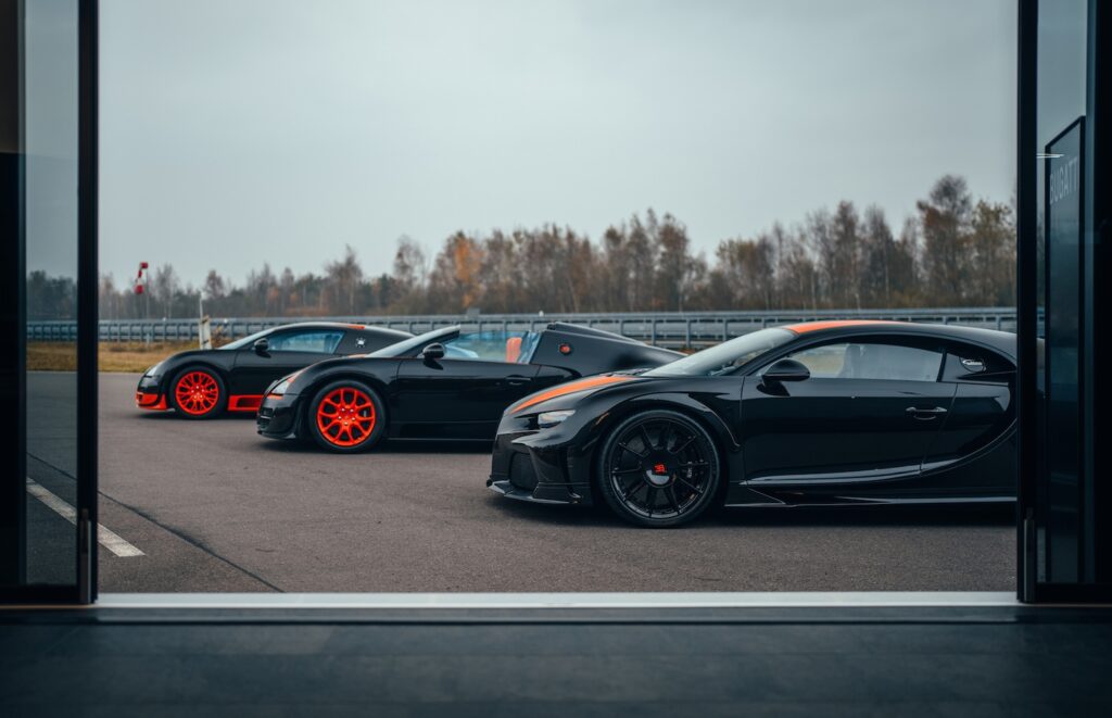 Bugatti Veyron and Chiron record cars parked together