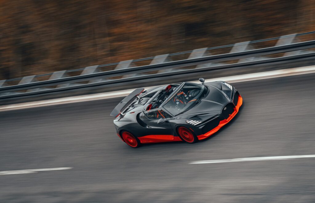 Bugatti W16 Mistral driving at high speed on test track