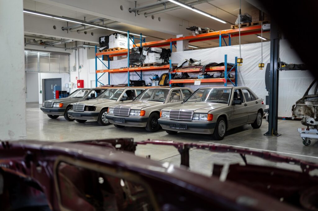 Classic Mercedes sedans stored inside HWA workshop