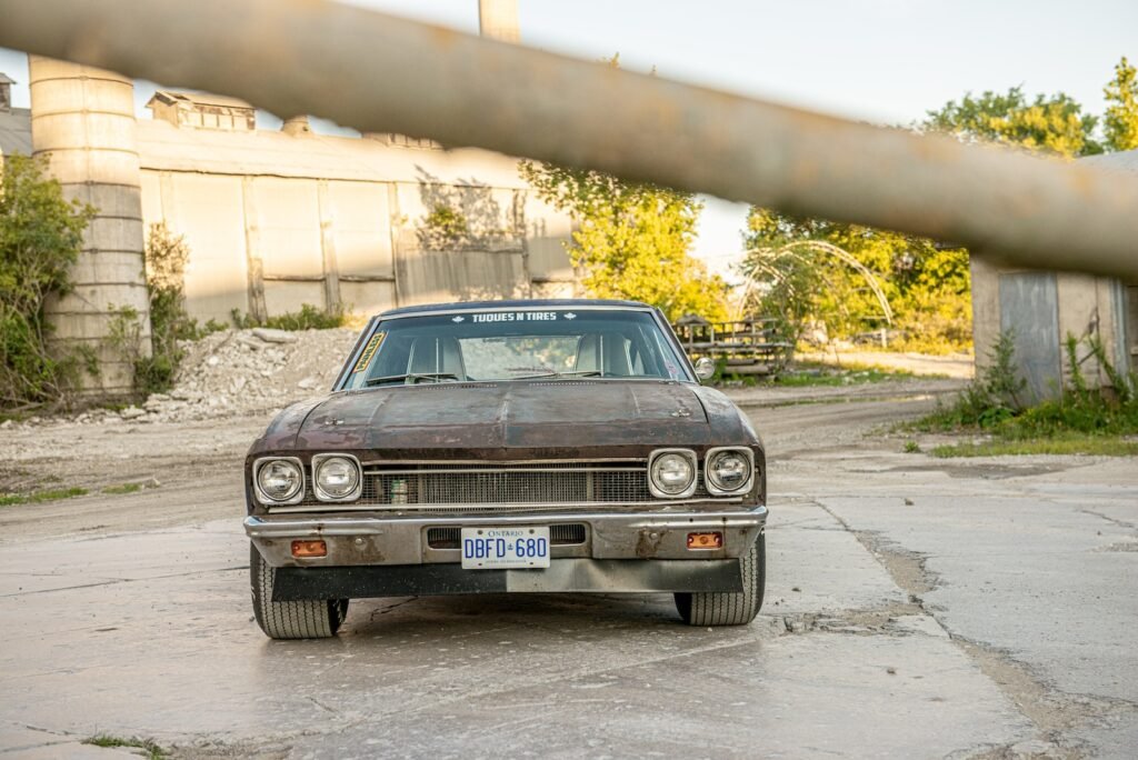 Front view of vintage Chevrolet Chevelle race car with Ontario license plate