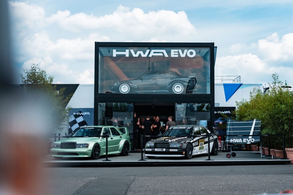 HWA EVO display trailer and Mercedes at race circuit