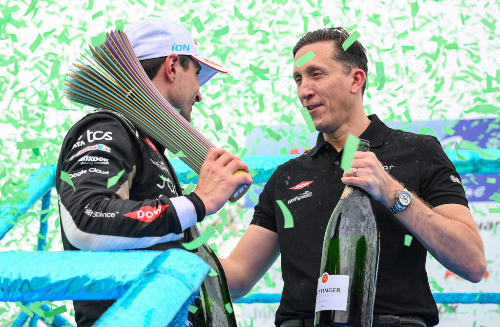 Jaguar TCS Racing team principal James Barclay champagne celebration London Formula E 2025