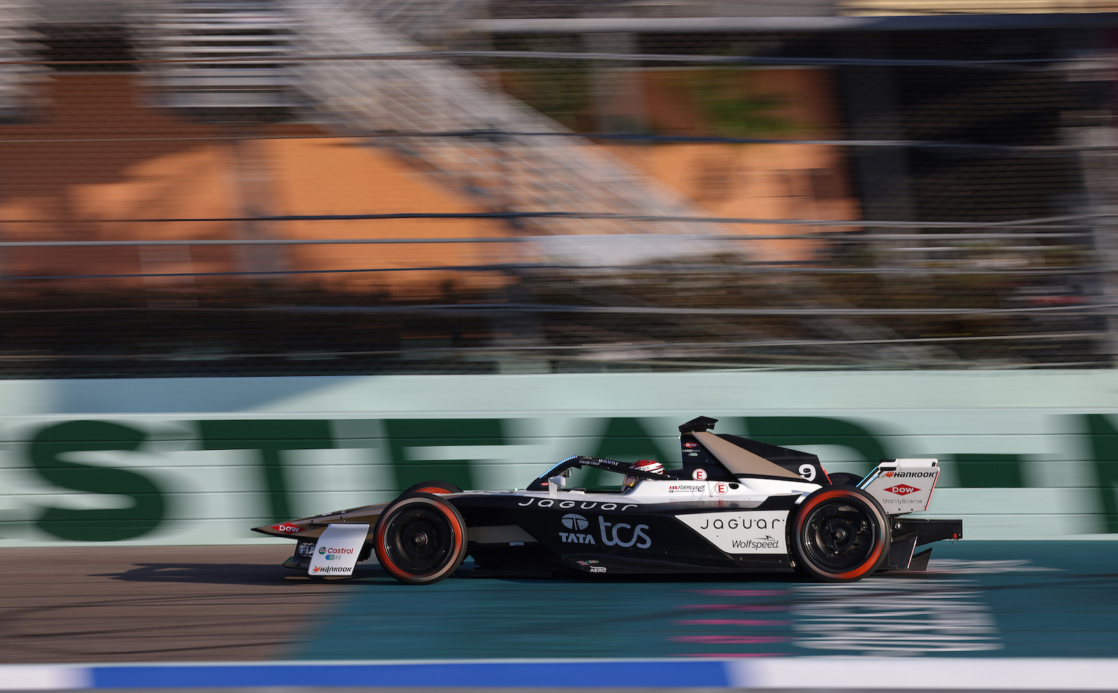 Jaguar TCS Racing Formula E car front three-quarter view Miami E-Prix 2025