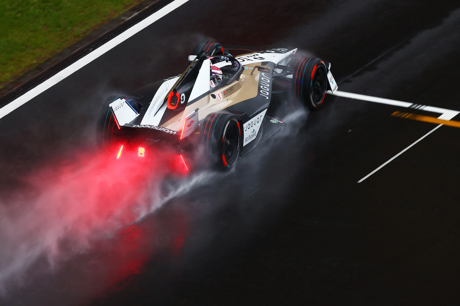 Overhead view of Mitch Evans Jaguar Formula E car in Shanghai pit lane 2025