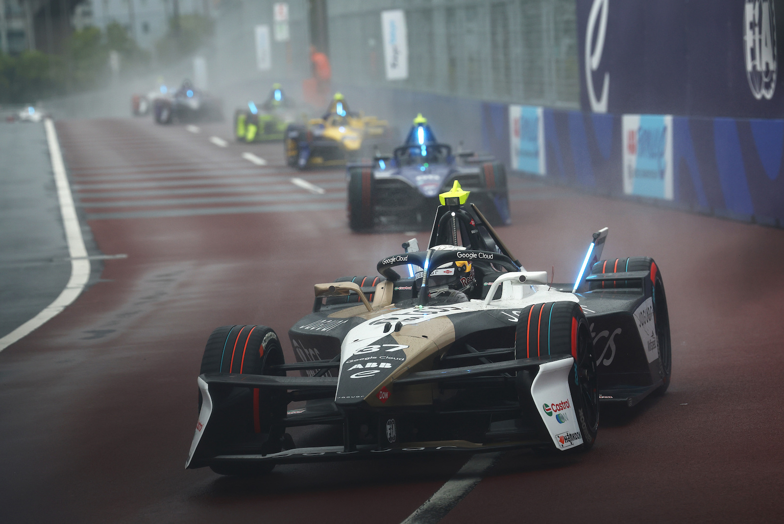 Nick Cassidy Jaguar Formula E car racing on track in Tokyo E-Prix 2025