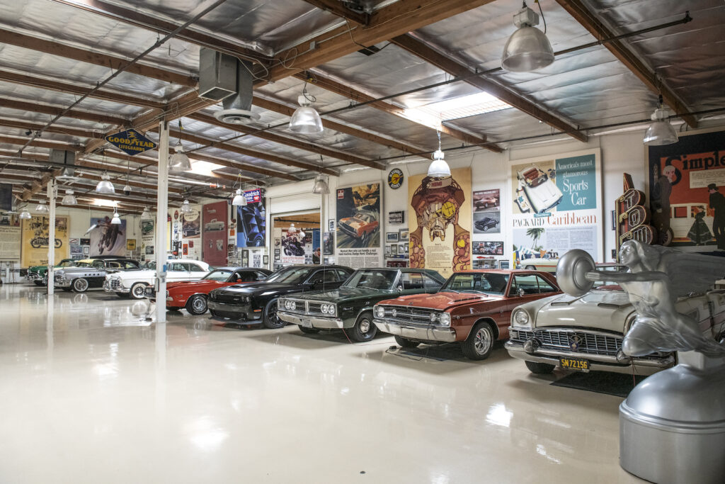 Row of American classic cars in Jay Leno garage