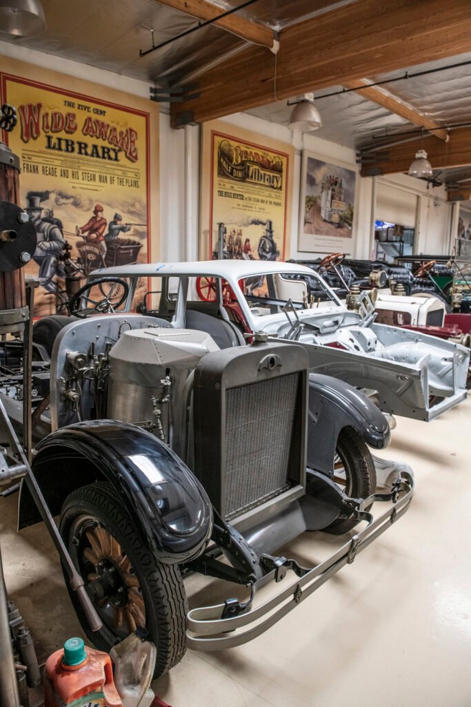 Front view of antique car in Jay Leno garage