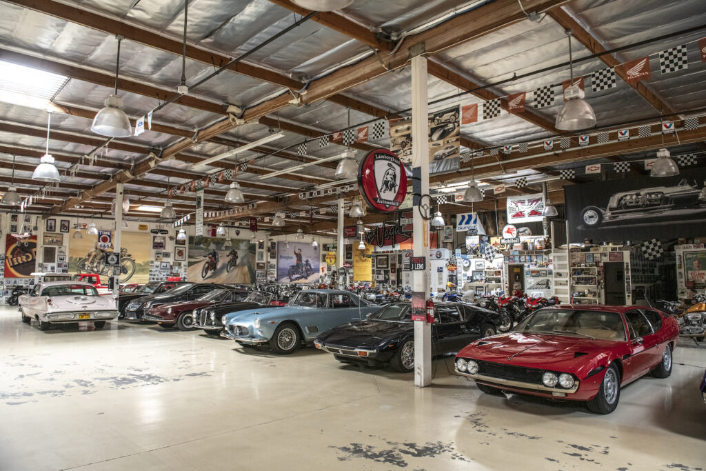 Wide view of classic car collection in Jay Leno garage