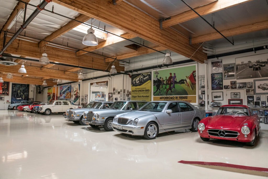Classic car hall wide view in Jay Leno garage