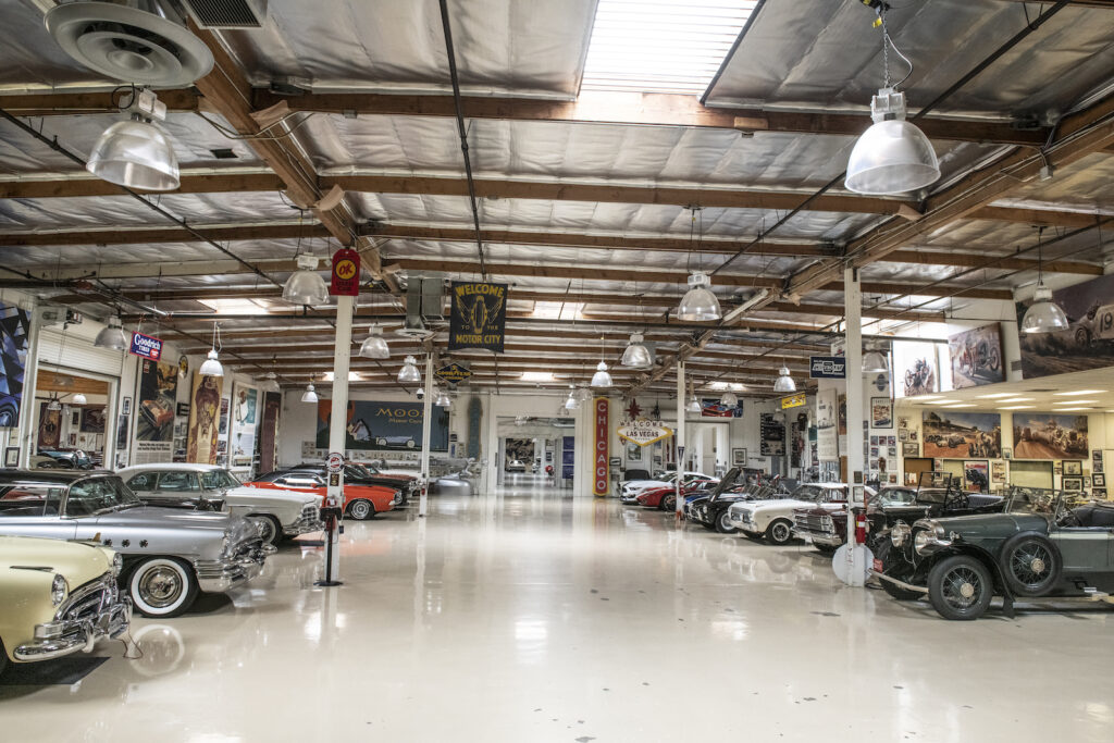 Wide hall of classic cars in Jay Leno garage