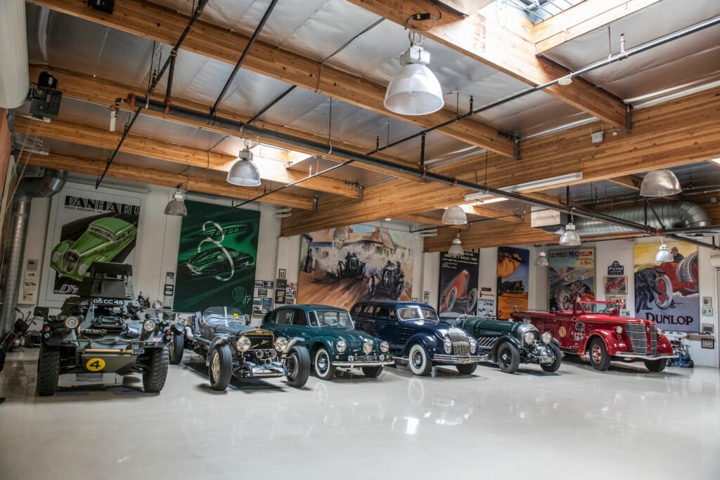 Classic roadsters lined up in Jay Leno garage