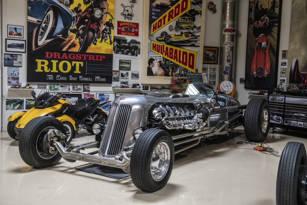 Custom hot rod front view in Jay Leno garage