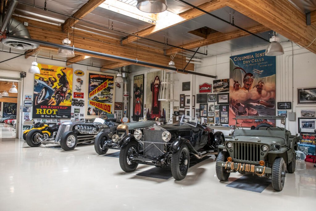 Hot rod display in Jay Leno garage