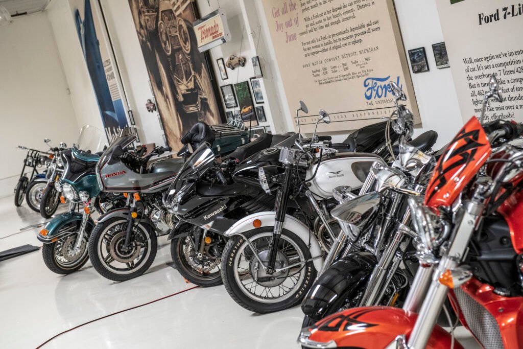 Motorcycle collection row in Jay Leno garage