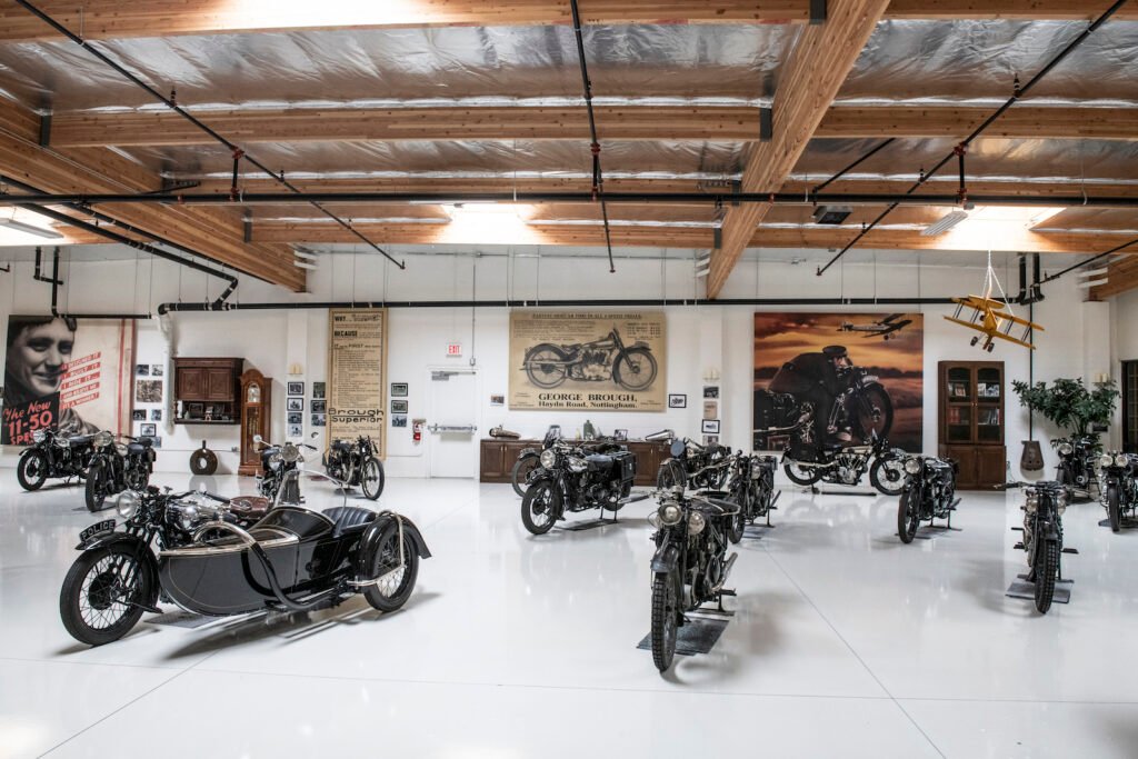 Wide view of motorcycle collection in Jay Leno garage