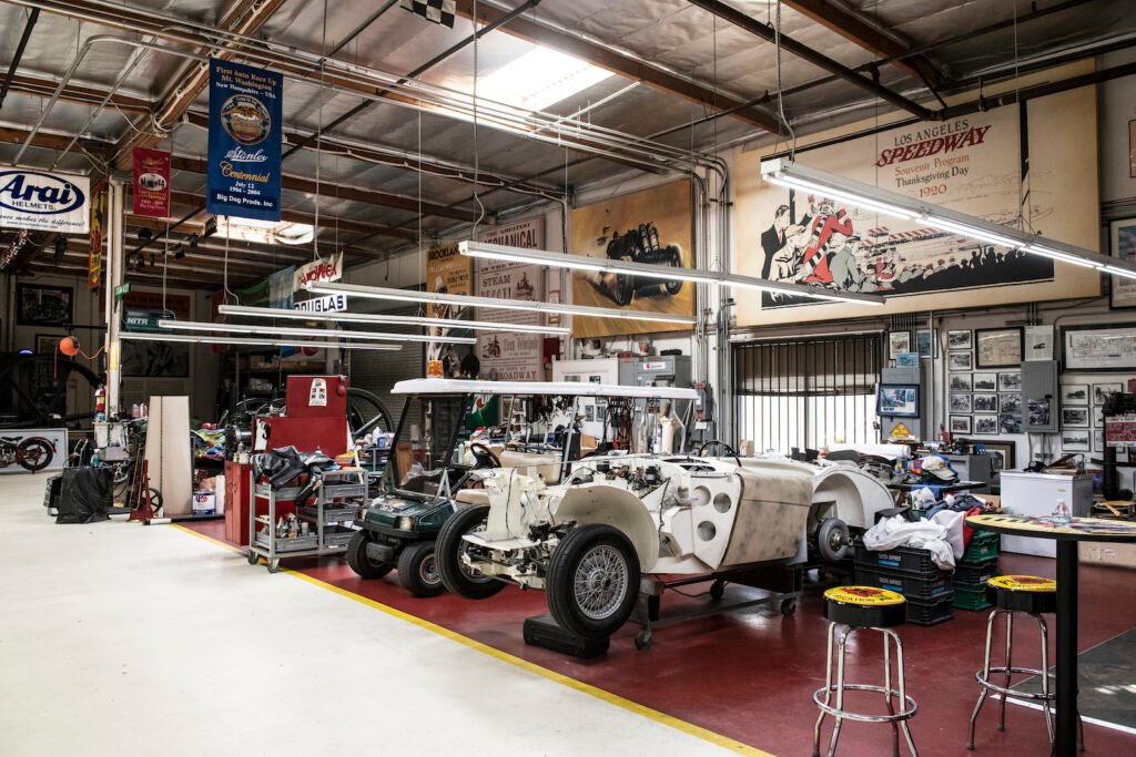 Wide view of prewar cars in Jay Leno garage