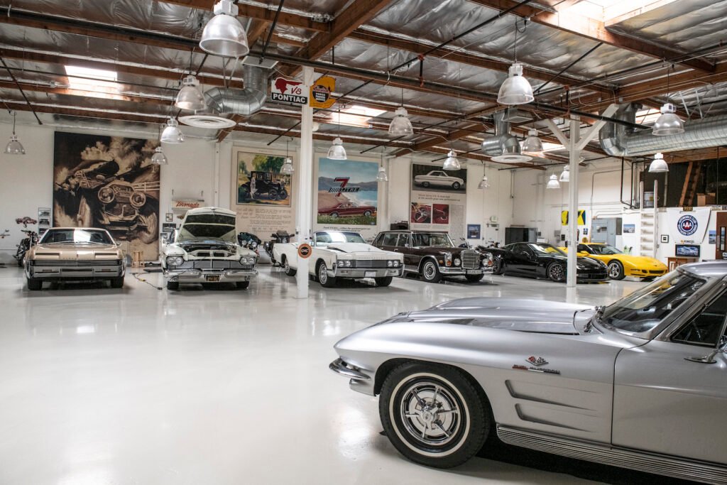 Silver Mercedes roadster inside Jay Leno garage