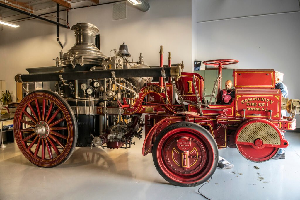 Steam powered car front view in Jay Leno garage