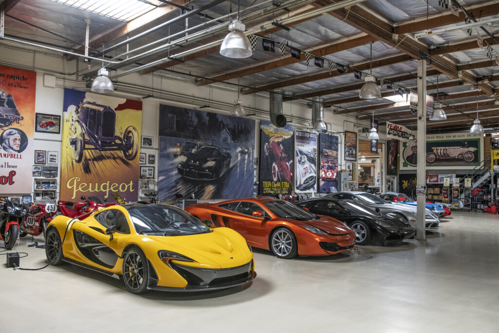 Wide view of supercar lineup in Jay Leno garage