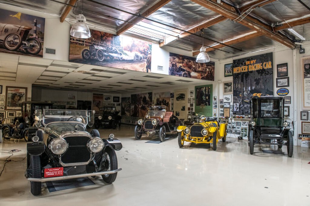 Vintage cars and motorcycles hall in Jay Leno garage