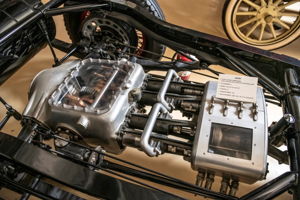 Vintage engine close up in Jay Leno garage