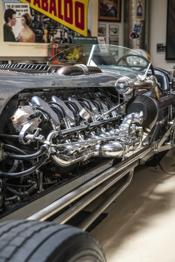 Vintage car engine detail in Jay Leno garage