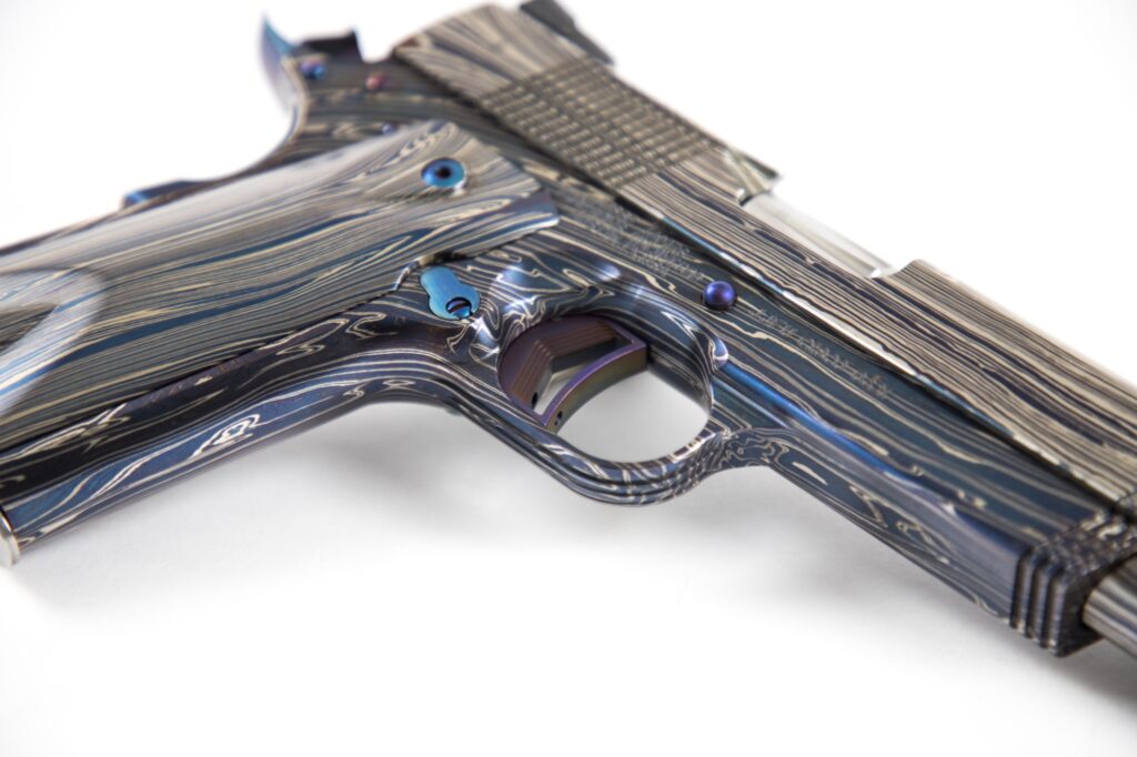 Close-up of custom Damascus pistol by Jesse James