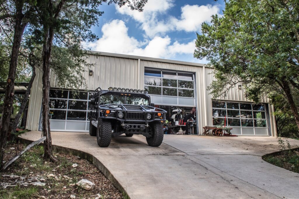 Black Hummer parked outside Jesse James’ Texas fabrication shop