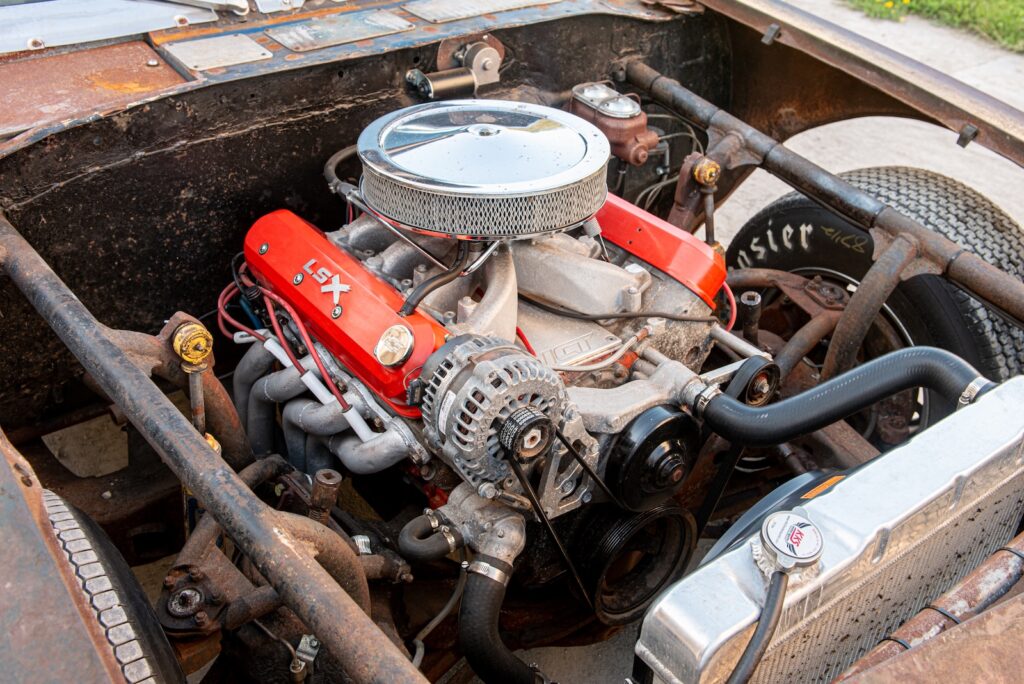 LS swap V8 engine installed in stripped 1968 Chevrolet Chevelle race car