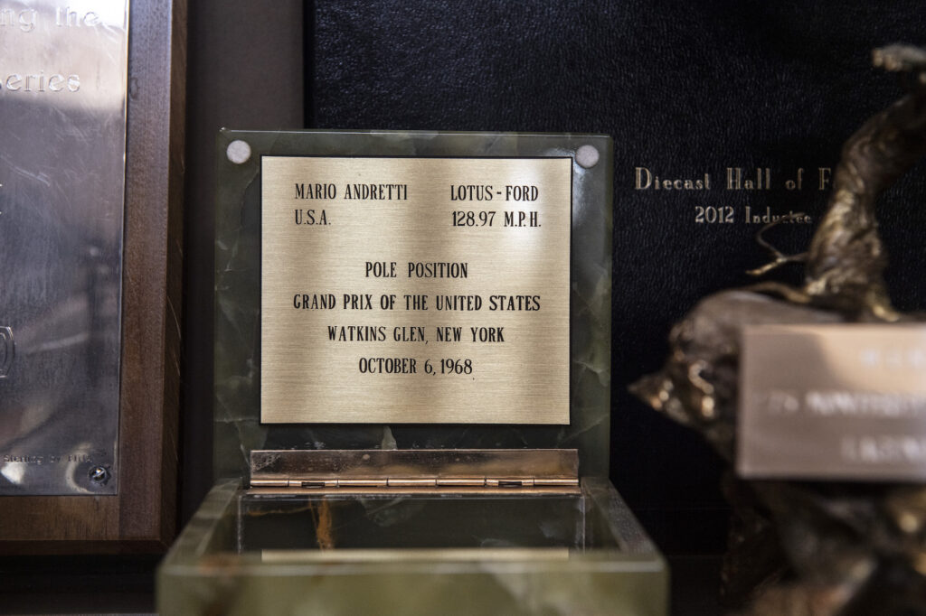 Award plaque displayed in Mario Andretti’s trophy room
