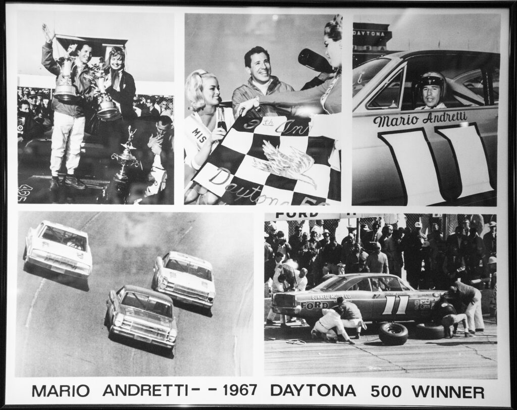 Archival collage referencing Mario Andretti’s Daytona 500 victory