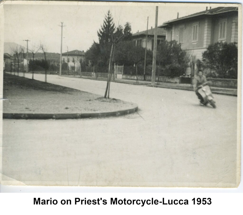 Mario Andretti on a priest’s motorcycle in Lucca in 1953