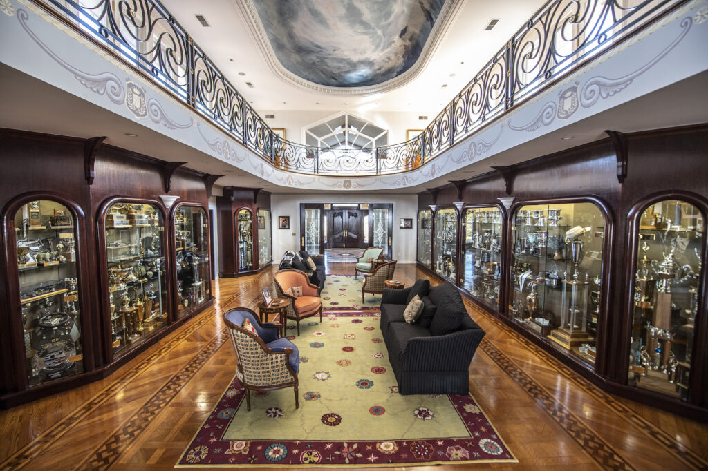 Wide interior view of Mario Andretti’s trophy room