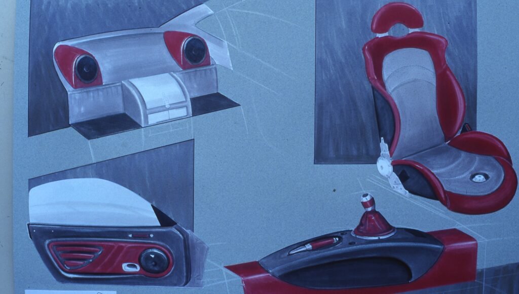 Pagani design sketches of seat taillight and console