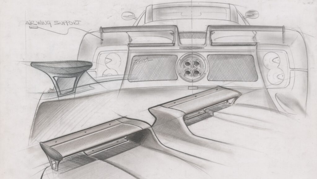 Pagani supercar rear wing aerodynamic sketch