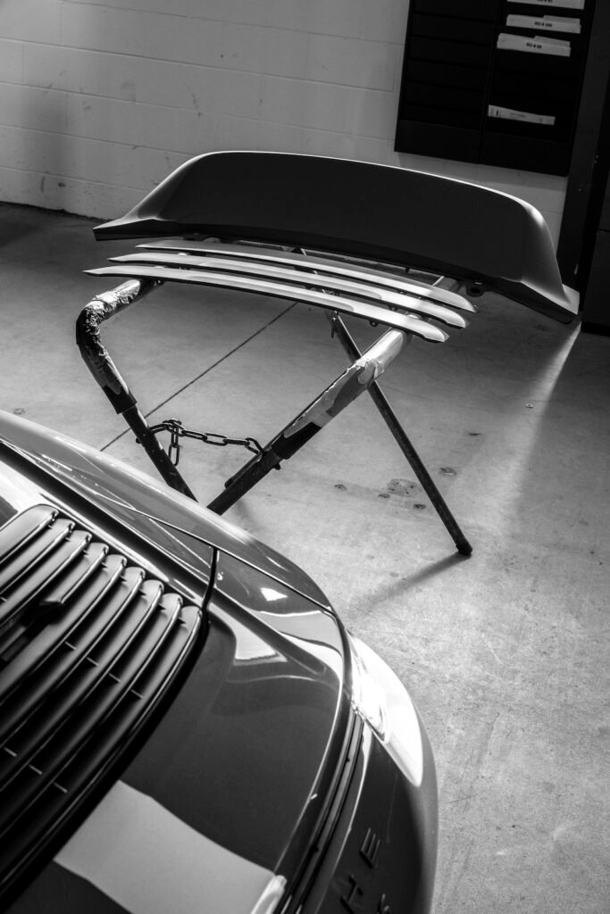 Ducktail spoiler preparation on stand