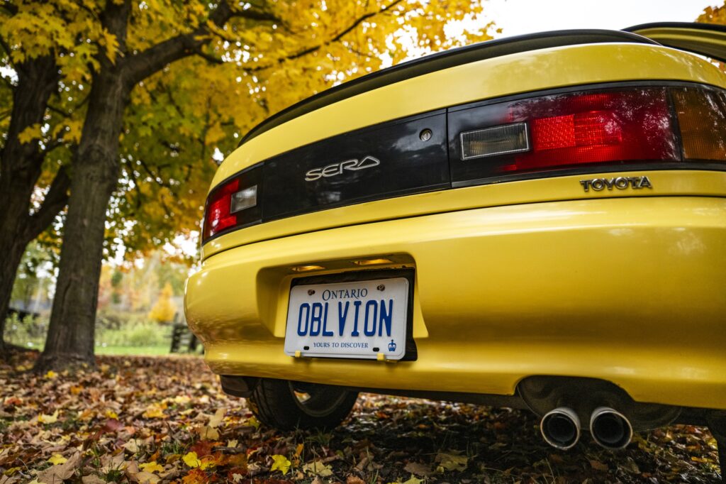 Toyota Sera rear badge and dual exhaust tip detail