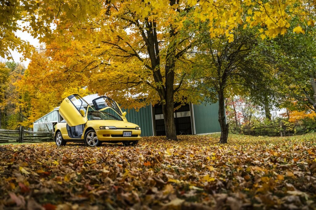 Yellow Toyota Sera parked among fallen leaves front three-quarter